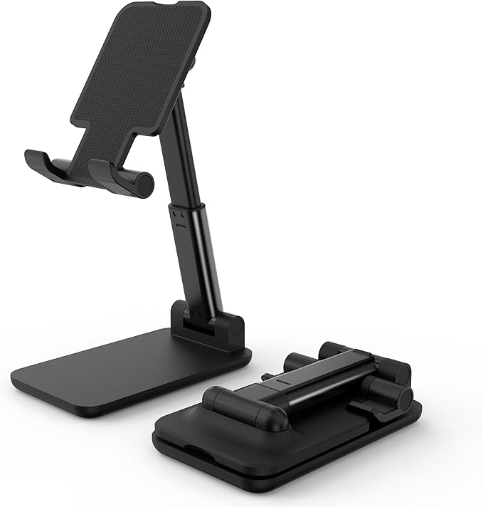 Cell Phone Stand, Adjustable Angle and Height Cell Phone Holder for Desk, Foldable and Portable, Anti-Slip Silicone Pad, Compatible with All Mobile Phones and 4-8 Inch Devices, Black