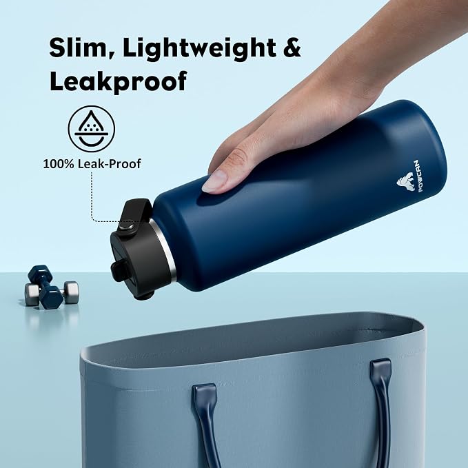 POWCAN 24 oz Insulated Stainless Steel Water Bottle with 2 Lids, Straw & Spout Lid, Cleaning Brush, Leakproof, Keep Cold 24H, Cupholder Friendly for School, Sport, Outdoors (Indigo)