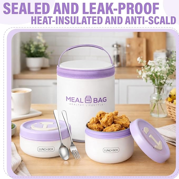 Dandat 2 Pcs Portable Insulated Lunch Containers Thermal Bento Box with Bag Fork Knife Microwavable Stainless Steel Lunch Box 15.2 oz 21 oz Separate Stackable Food Jar for Adult Men Women(Purple)