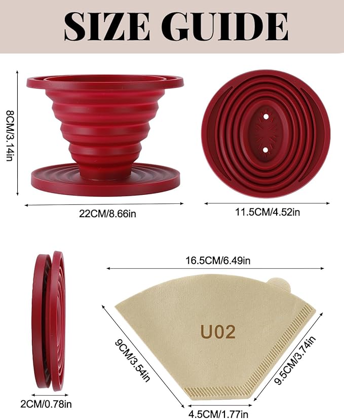 Collapsible Pour Over Coffee Dripper Set, Reusable Pourover Coffee Dripper, Food Grade Silicone Foldable Travel Pour Over with U02 Paper Filters for Camping, Picnic, Traveling (Blue + Red)