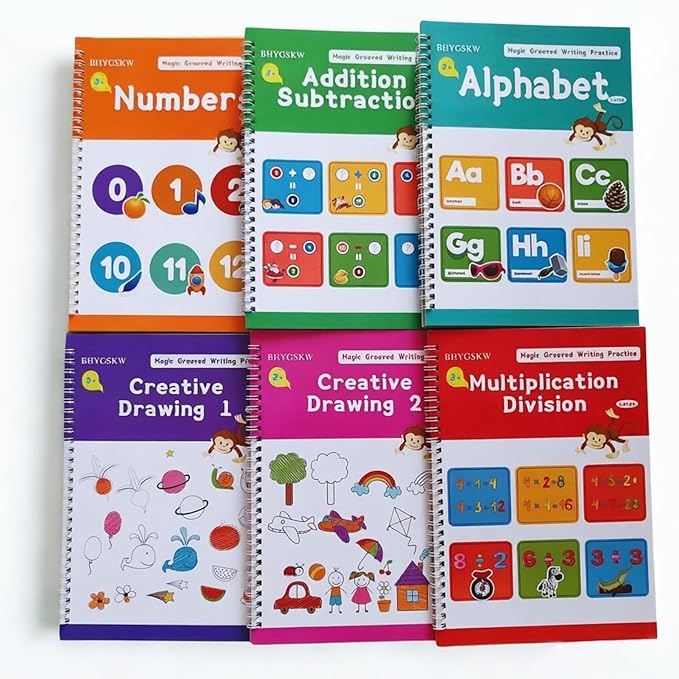 Magic Grooved Writing Practice Books for Kids with Disappearing Ink Pens Grips, Reusable Handwriting Workbooks 6 Pcs, Letter Tracing Copybook for Kindergarten Ages 3-8