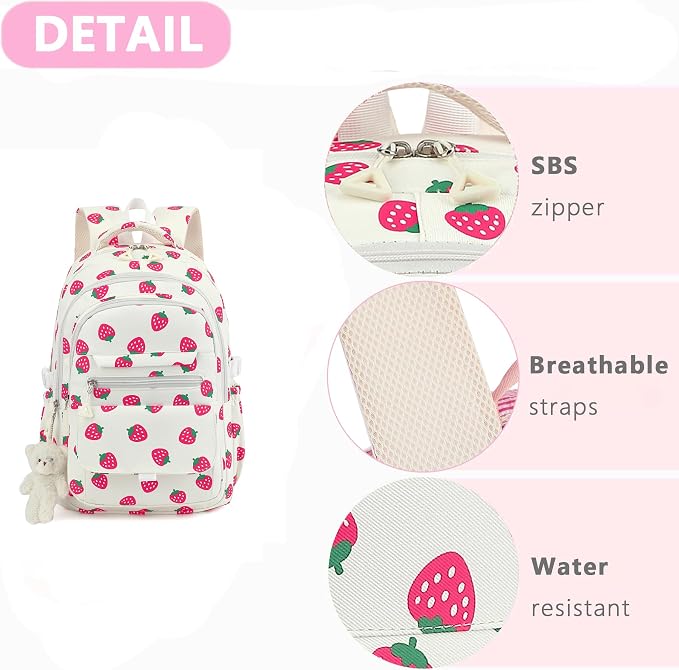 PRLINJSK Girls Backpack for College High Middle School Student, Cute Aesthetic Bookbag for Teens Women with Accessories, Beige Strawberry