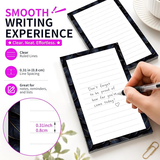 Lined Sticky Notes 4x6 in, 2 Pack Large Cute Notepads with Lines Self-Stick Note Pad, Funny Memo Pads Strong Adhesive for Office, Home Black Luxury Flowers
