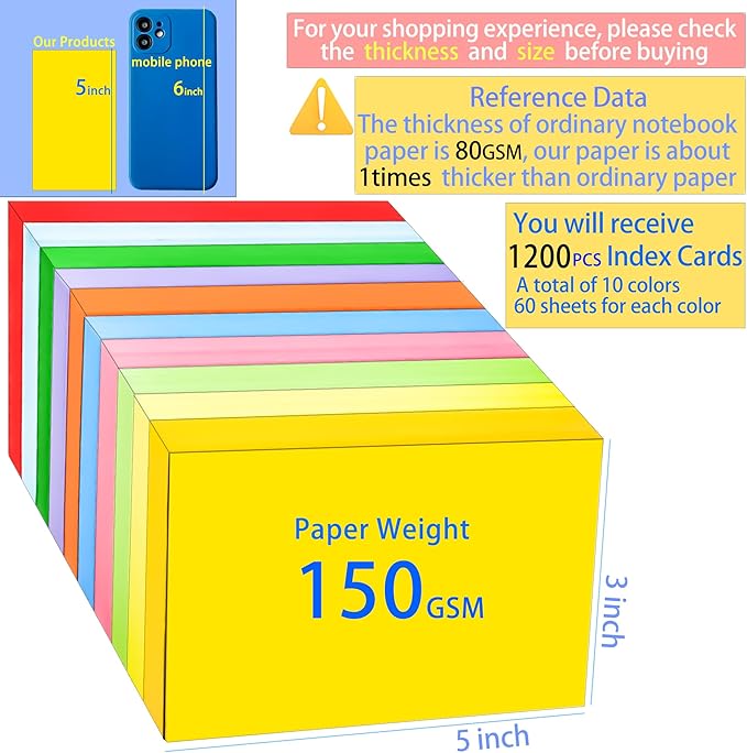 1200Pcs Blank Colored Index Cards 3x5 Inch Flash Cards, Blank Note Card Flashcards, Colorful Card Pad Index Note Books 3 x 5 Notecards for Studying School Supply College Office