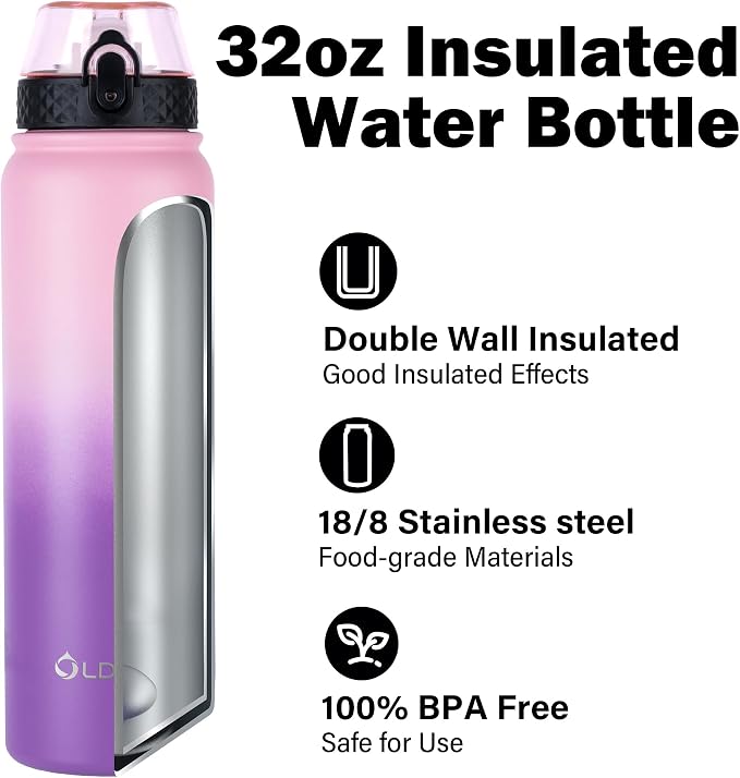 Oldley Insulated Water Bottle 32oz Water Bottles with Straw, Stainless Steel Water Bottle with 3 Lids, Double Wall Vacuum Bottles for Adult Kids, Sports Bottles for School Travel,Ombre Pink-Purple