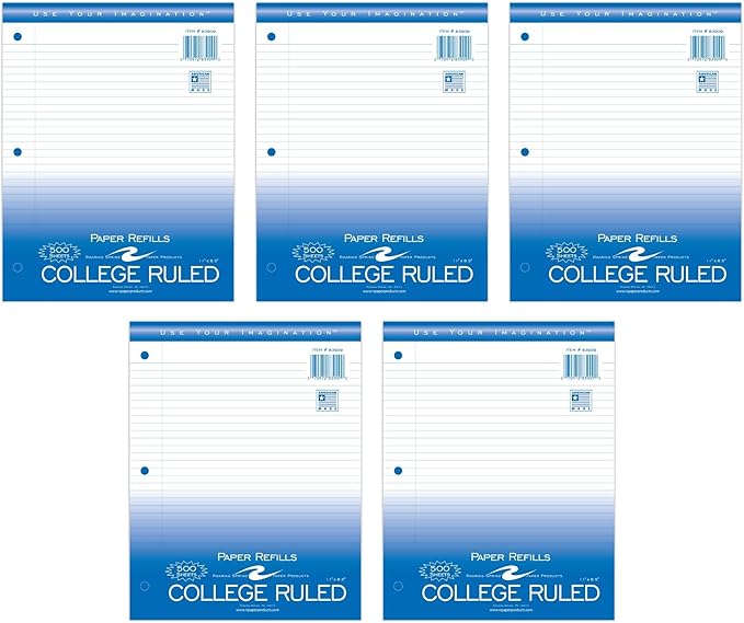 Roaring Spring Loose Leaf Paper, 500 Sheets Per Pack, 8"x11" White 15# College Ruled Notebook Filler Paper With Margin, 3-hole Punched, Proudly Made in the USA (Pack of 5)