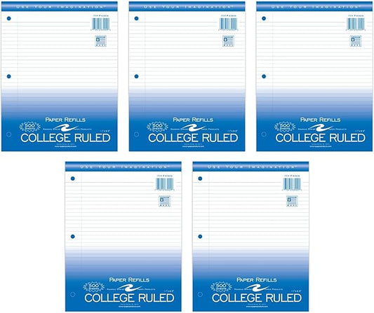 Roaring Spring Loose Leaf Paper, 500 Sheets Per Pack, 8"x11" White 15# College Ruled Notebook Filler Paper With Margin, 3-hole Punched, Proudly Made in the USA (Pack of 5)