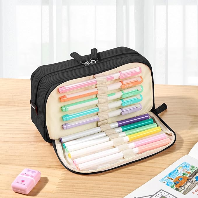 Sooez Big Capacity Pencil Case Pen Pouch, Soft Corduroy Pencil Bag with 3 Compartment, Multiple Pockets, Sturdy Zipper, Cute School Supplies Pen Bag Organizer For Teen Girls College, Black