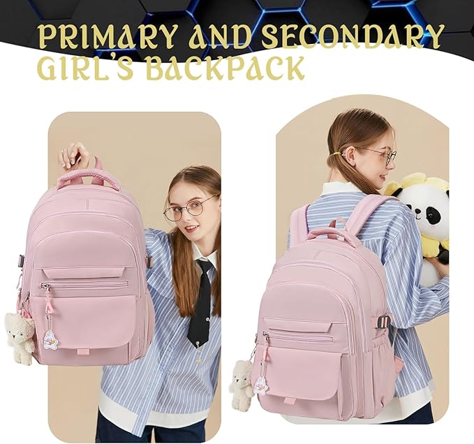 PRLINJSK Girls Backpack for College High Middle School Student, Cute Aesthetic Bookbag for Teens Women with Accessories,Pink