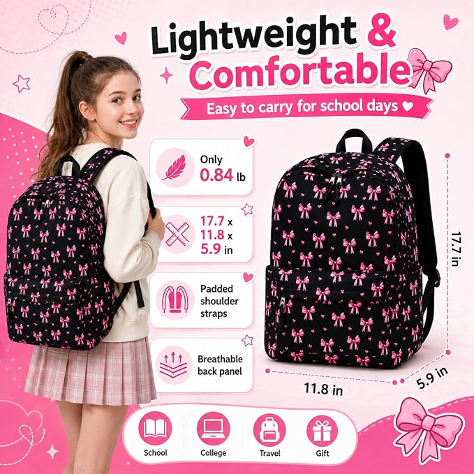 LOIDOU Backpack for Girls School Backpacks Bookbags for Elementary Middle School Women Laptop Backpacks (Bow Tie Black, L-17)