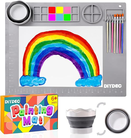 DIYDEC Silicone Craft Mat for Kids 20X16 Inch Large Silicone Art mat with Detachable Cup Painting Mat with 10 Painting Brushes Silicone Mat for Boy Girl DIY Gift Accessories (Grey)