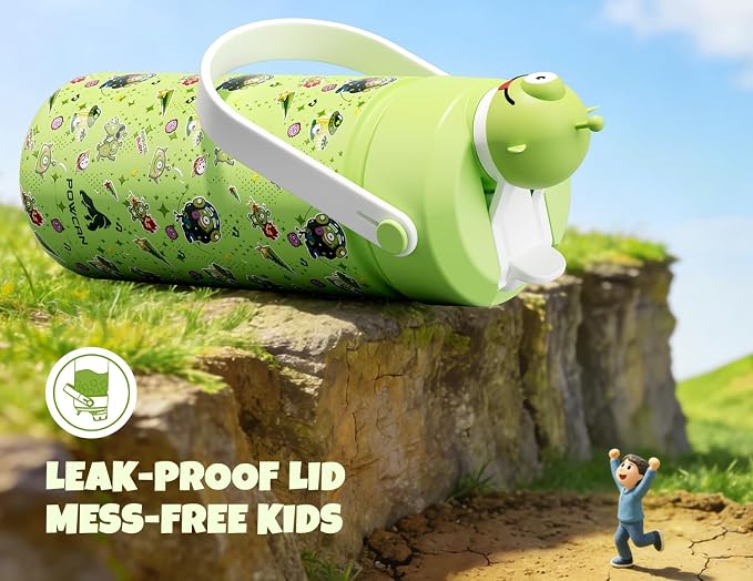 POWCAN 18 oz Insulated Water Bottle for School: 2-in-1 Straw Spout Lid with Soft Animal Head, BPA-Free, Leakproof, Keep Cold 24H, Easy Carry, Stainless Steel Cup for Boys, Girls, Kids (Alien Party)