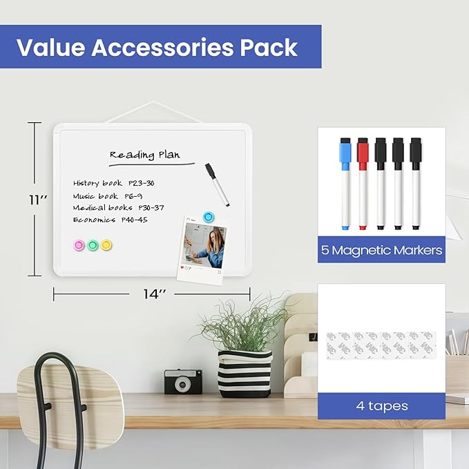 Small Wall White Board, 11" x 14" Mini Double-Sided Magnetic Dry Erase Board with Plastic Frame, Hanging Whiteboard with 5 Markers for Kids, Students, School, Kitchen, Home & Office