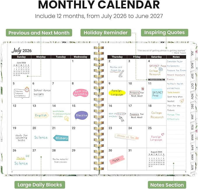 Planner 2026-2027, Monthly and Weekly Academic Planner July 2026 - June 2027, Hardcover Student Teacher Planning Agenda Calendar Book with Tabs, Perfect for Office School Supplies, A4 (8.5" x 11") - Spring Flowers