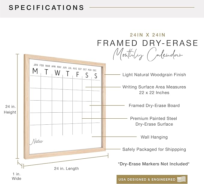 MCS Dry Erase Calander 24x24 Natural Framed Monthly Calendar for The Wall, Stay Organized with Family Planner for Appointments, Sports, Events & More