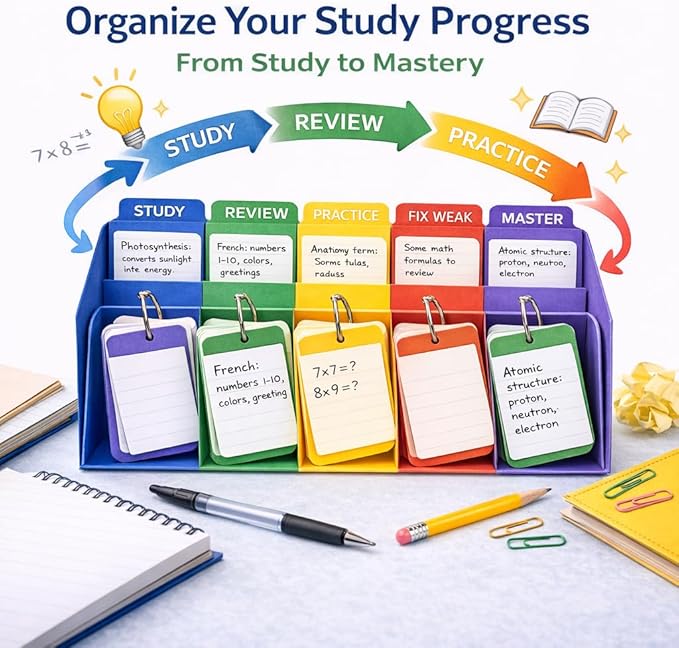 500-Page Study Flashcards with Tabs, 5-Section Color-Coded Study Card Organizer with Dividers & Metal Rings for Students, Self-Study and Exam Preparation Flashcard System + Annotation Kit (Plus Set)