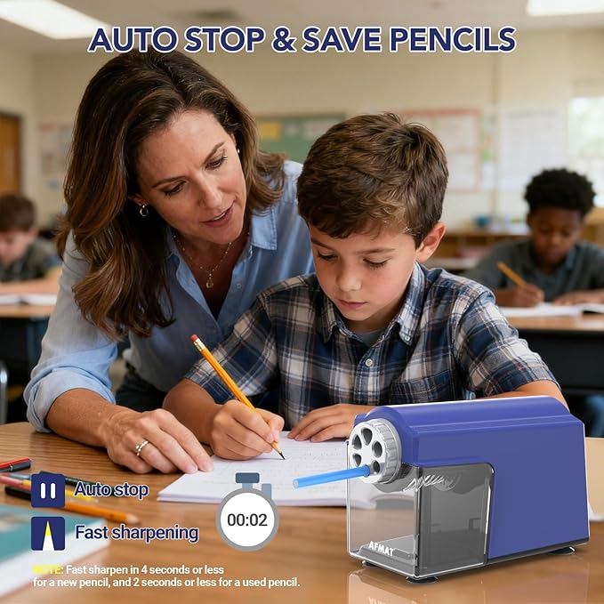 AFMAT Electric Pencil Sharpener for Classroom, 6 Holes, Cordless & Rechargeable, Super Fast, Auto Stop, 10K+ Uses, Heavy Duty Pencil Sharpener for 6-11mm No.2/Large/Colored Pencils PSD4(Blue)