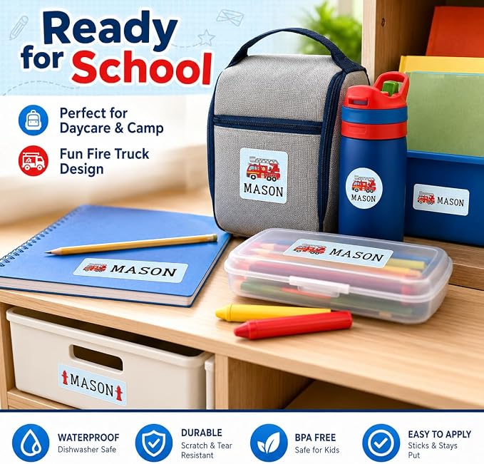 Andaz Press Custom Personalized Waterproof School Name Labels, Fire Truck, 120-Pack, Kids Labels Combo Pack, Customizable Multi-Use Name Stickers for Preschool, Daycare, Supplies, Office, Camping