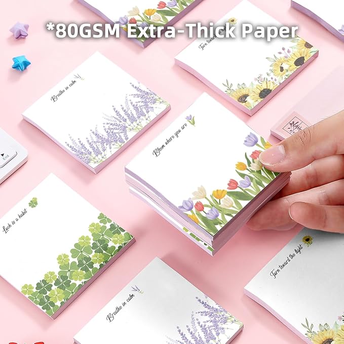 Cute Floral 4-Pad/200 Sheets 3x3in Sticky Notes Set, Adorable Memo Pads with High-Adhesive, Reusable Tearable Post it Notes for Journal Planners Office School Home, Bulk Stationery Gift