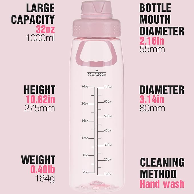 32oz Clear Water Bottle - BPA-Free Tritan Plastic, Fast Flow Spout Lid, Wide Mouth & Leakproof Design Hiking Water Bottle Suitable for Travel, Outdoors, Gym, Travel, Home, School （Pink）
