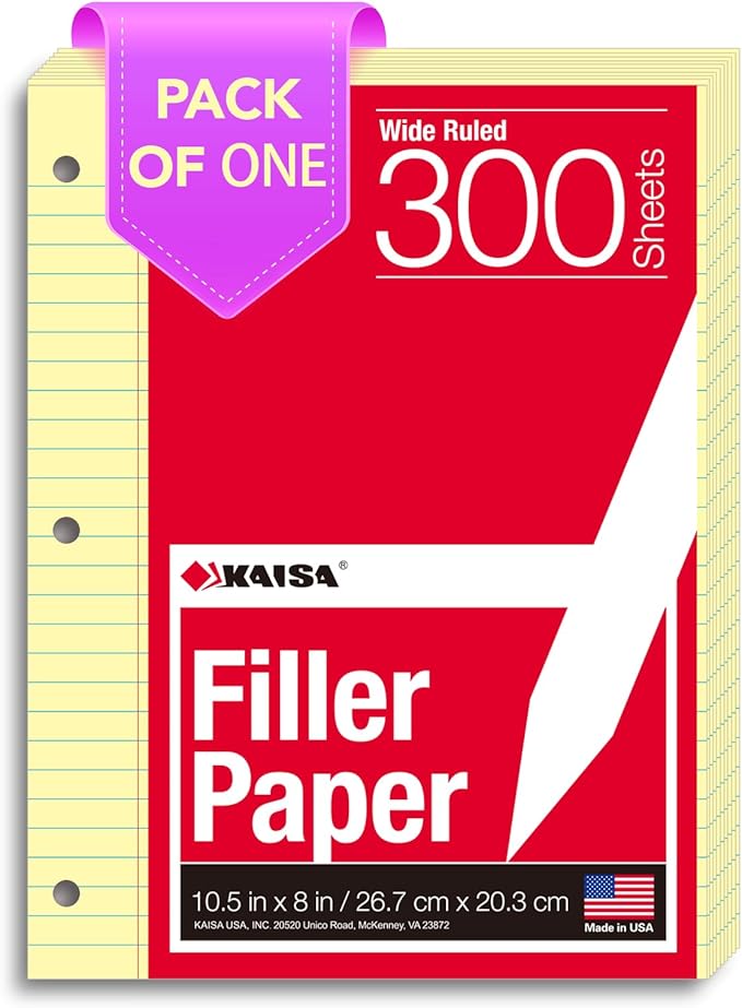 KAISA Loose Leaf Notebook Paper, Wide Ruled, 300 Sheets Per Lined Paper, 8" x 10.5", 3 Hole Punched for 3 Ring Binder, Canary, Made In USA