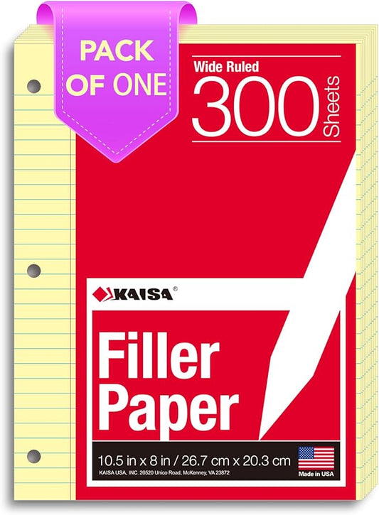 KAISA Loose Leaf Notebook Paper, Wide Ruled, 300 Sheets Per Lined Paper, 8" x 10.5", 3 Hole Punched for 3 Ring Binder, Canary, Made In USA