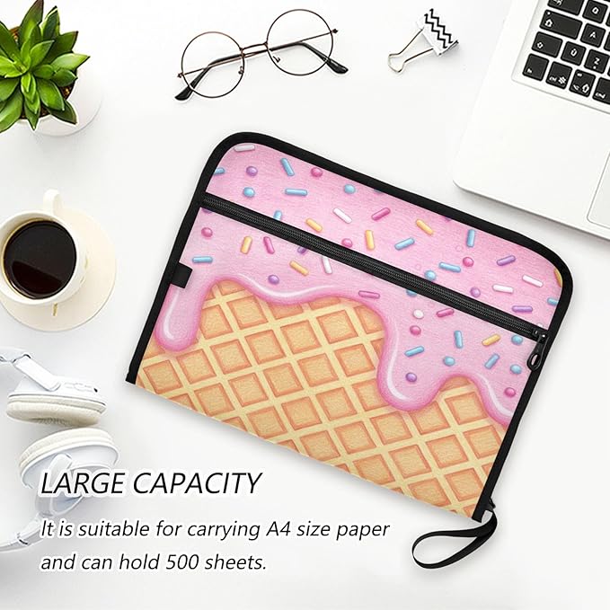 Ice Cream Pink 13 Pocket File Organizer Expanding File Folder with Front Pouch Portable Business File Storage Document Organizer Folder with Zipper
