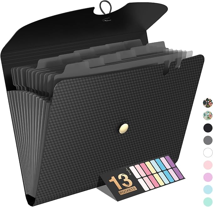 Sooez Expanding File Folder, 13 Pocket Accordion File Organizer, Monthly Expandable File Folder for Documents with Labels, Portable Bill Receipt Organizer for School Office Supplies, Letter A4 Size