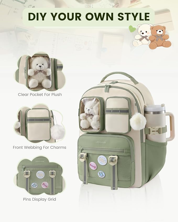 LOVEVOOK Cute School Backpack for Girls Ages 8-14, Bookbag with Plush Bear & Clear Display Pocket, Fits 15.6 Inch Laptop & 40oz Tumbler, Back to School Backpack for Elementary & Middle School