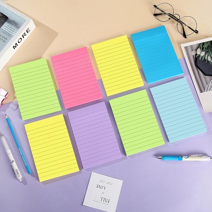 12 Pack Lined Sticky Notes 4x6 in Bright Colors Self-Stick Note Pads with Lines, Colorful Bulk Sticky Memo Pad for School, Office, Meeting