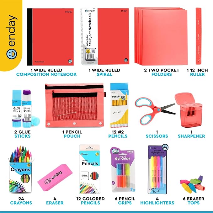 Enday Back to School Supplies for Kids, Red School Supply Box Grades K-5, Premium Quality Kids School Supplies Kit, Kindergarten Supplies for Girls and Boys, 78 Piece Set
