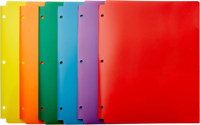 Amazon Basics Plastic 3-Hole Punch File Folders with 2 Pockets for Documents, Letter Size 8.5 x 11 inches, Assorted Colors, Pack of 6