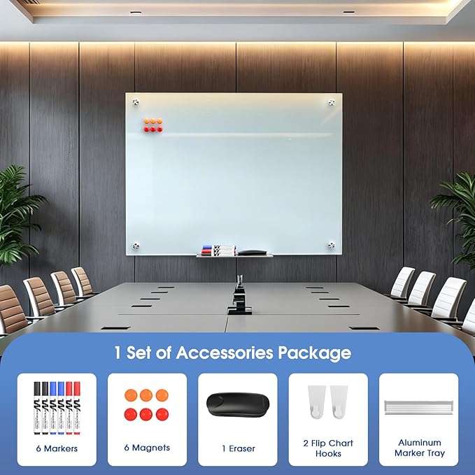 MaxGear Glass Whiteboard 48 x 36 Inch, Tempered Glass Dry Erase Board, Frameless Wall Mounted Magnetic Whiteboard for Office, Home Office, Classroom, Small Team Collaboration
