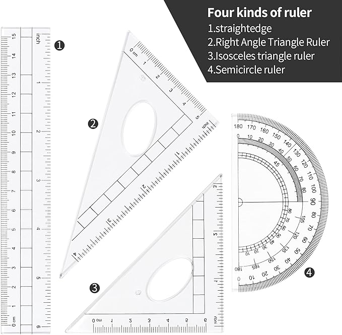 Unjoo Math Geometry Kit Sets 10 Piece Student Supplies with Shatterproof Storage Box,Includes Rulers,Protractor,Compass,Eraser,Pencil Sharpener,Lead Refills,Pencil,for Drafting and Drawings（Black）