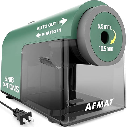 AFMAT Electric Pencil Sharpener, Fully Automatic Pencil Sharpener for 6.5-10.5mm No.2/Jumbo/Colored Pencils, Auto in & Out, 5 Sharpness Modes, 10000+ Sharpenings for Classroom Home Office, PSC5(Green)