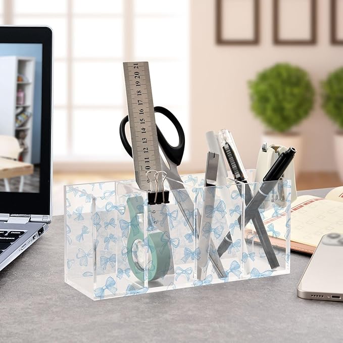 Aslsiy Coquette Blue Ribbon Bow Pen Holder Watercolor 4 Compartments Acrylic Pencil Holder Clear Makeup Brush Holder Desk Organizer Office Supplies