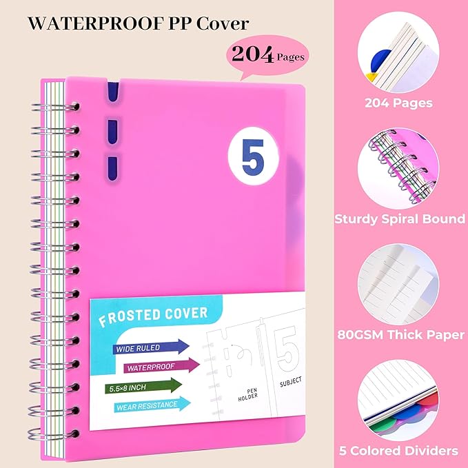 FLYING EAGLE 2 Pcs 5 Subject Notebook Wide Ruled, Small Spiral Notebook 5x7 for Work, 408 Pages Lined Journal with Removable Dividers, Small Notebooks for Work,Pink