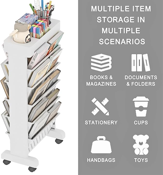 6-Tier Mobile Bookshelf, Rolling Bookcase Book Storage Rack, Movable File Folder Organizer Cart with Wheels for Home Study Office Living Room Classroom, White