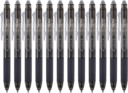 ParKoo Retractable Erasable Gel Pens Clicker Fine Point 0.7 mm, No Need for White Out, Black Ink for Completing Sudoku and Crossword Puzzles, 12-pack