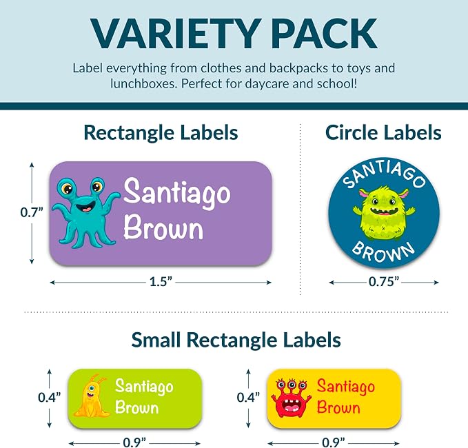 Personalized Waterproof Name Labels for Kids | Optional Packs 50, 150, 230 Labels | Custom Name Stickers for Kids' Clothing Tag, Water Bottle, Lunch Box, Customize Kid Name Label for Daycare Monsters