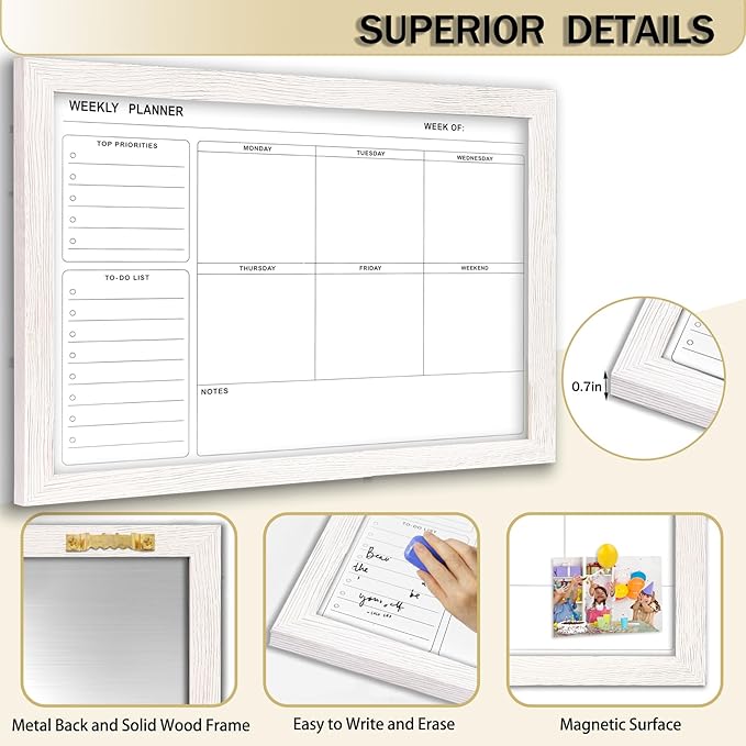 White Board Weekly Calendar Dry Erase Planner for Wall-16"X12",White Solid Wood Frame,Minimal/Modern Design, Magnetic Whiteboard Planner for to Do List, Memo, School, Home, Office, Kitchen