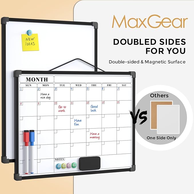 MaxGear Monthly Calendar Dry Erase Board for Wall, 16"x12" Small Hanging Double-Sided White Board, Portable Whiteboard for Planning, Drawing, Memo, to Do List, School, Home, Office, Black Frame