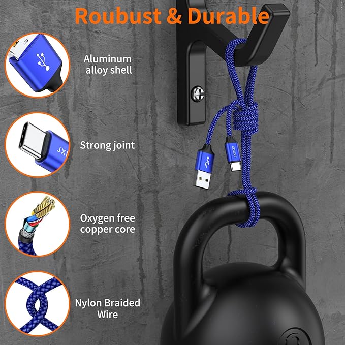 JXMOX USB Type C Cable (6.6ft 2-Pack), USB-A to USB C 3A Fast Charging Cord Compatible with iPhone 15 16 Pro Max, Samsung Galaxy S22 S21 S20 Ultra S10 S9 S8, Note 10 9 8 A80 A70, USB C Charger (Blue)