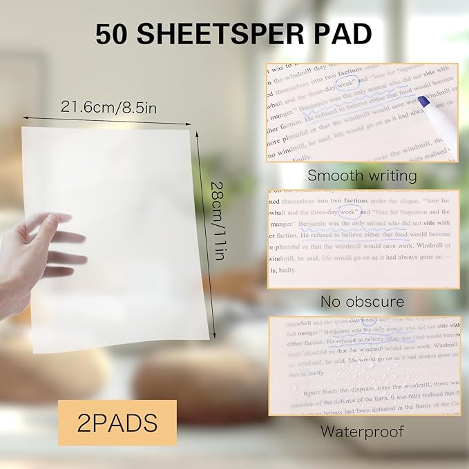 100 Sheets Extra Large Jumbo Transparent Sticky Notes Clear Self Sticky Notes, 2 Pads Notes Waterproof Translucent Paper, Office School Supply(Clear,Letter, 8.5 x 11 Inch)