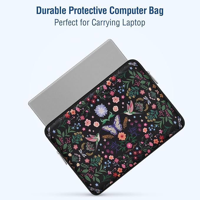 MOSISO Laptop Case 13.3 inch, 13-14 inch Laptop Sleeve Bag Compatible with MacBook Air/Pro 13/Pro 14, HP Dell ASUS Lenovo, Neoprene Hummingbird Plants Flowers Computer Bag with Small Case, Black