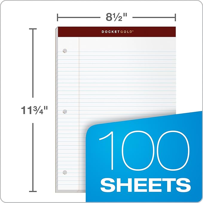 TOPS Docket Gold Writing Pads, 8-1/2" x 11-3/4", Narrow Rule, 3-Hole Punched, White Paper, 100 Sheets, 2 Pack (99706)