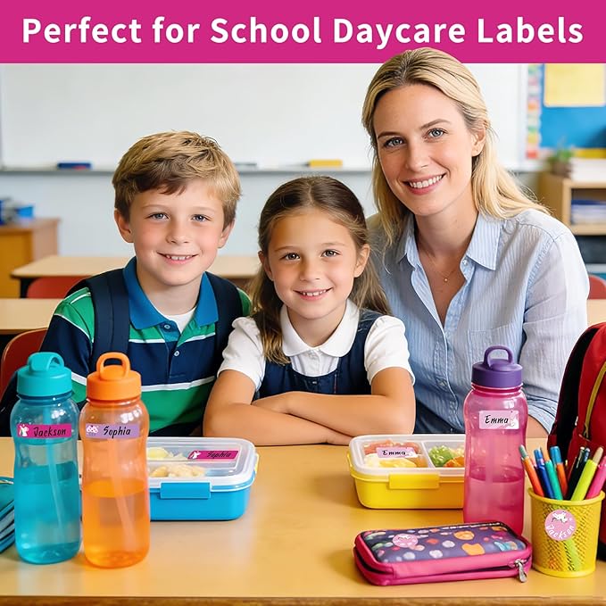 Daycare Name Labels for Kids, 360pcs Waterproof & Removable Name Stickers for Water Bottles, Lunch Boxes and School Daycare Name Tag (Unicorn)