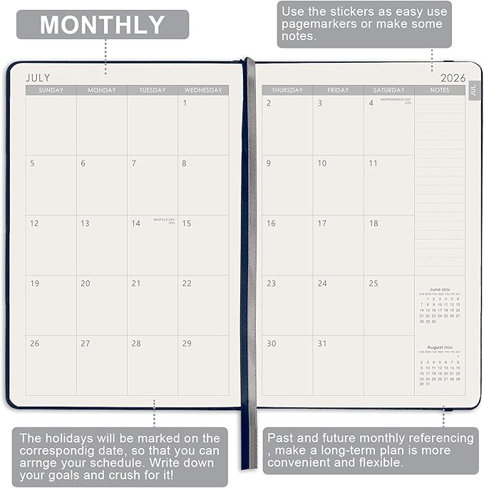 Artfan Planner 2026-2027 - Academic Planner 2026-2027, Jul. 2026 - Jun. 2027, 12-Months Weekly and Monthly, 5.75" x 8.25", Saffiano Leather with Thick Paper, Back Pocket with Notes Pages - Navy Blue