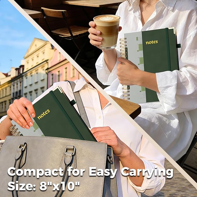 Line Hardcover Spiral Notebook with Removable Dividers Tabs & Ruler, 5 Subject Notebook College Ruled, 300 Page, Large 8"x10" B5 Notebooks for Work School, Lined Journal for Women & Men, Green