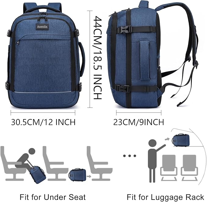 Asenlin Travel Backpack for Women Men,Flight Approved Carry On Luggage 40L Water Resistant Business Laptop Backpacks Fits TSA 17.3 Inch Computer College Weekender Outdoor Hiking-Blue